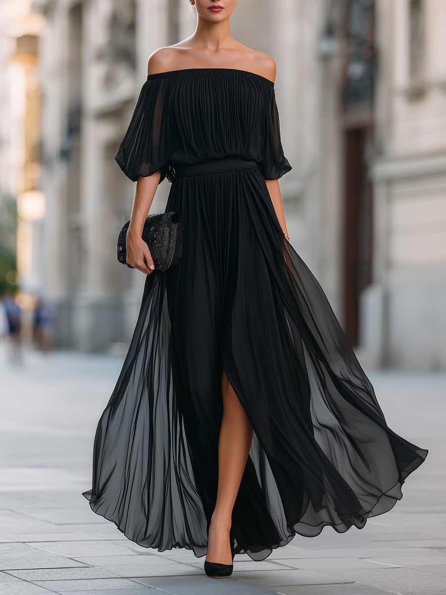 Off-Shoulder Pleated Chiffon Wedding guest Dress