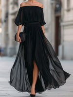 Off-Shoulder Pleated Chiffon Wedding guest Dress