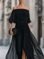 Off-Shoulder Pleated Chiffon Wedding guest Dress