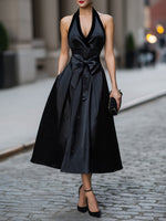 Halter Neck Bow Sleeveless A-Line Tea-Length Evening Dress
