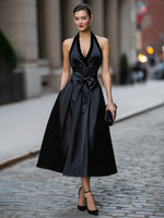 Halter Neck Bow Sleeveless A-Line Tea-Length Evening Dress