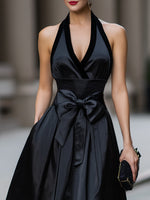 Halter Neck Bow Sleeveless A-Line Tea-Length Evening Dress