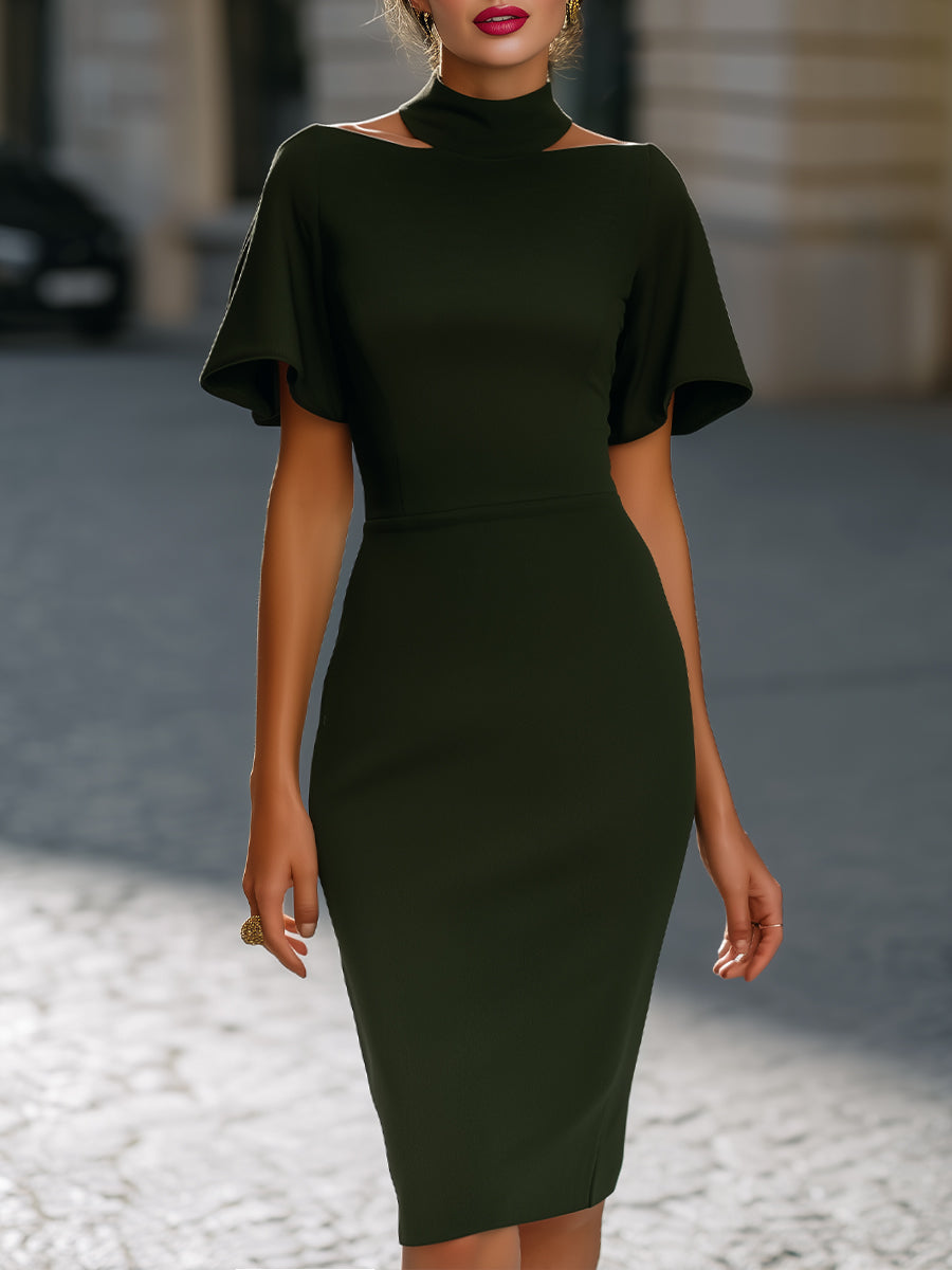 High Neck Cutout Flutter Sleeve Evening Dress