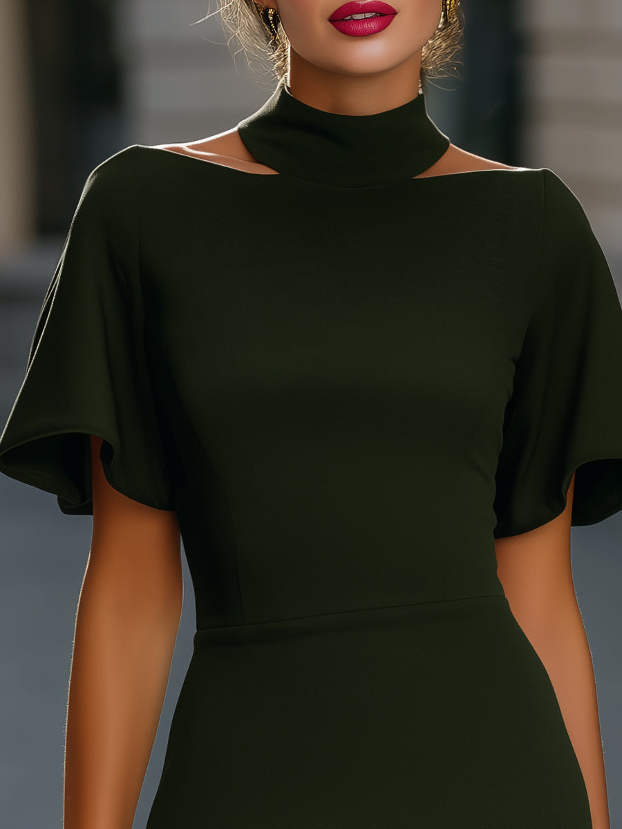High Neck Cutout Flutter Sleeve Evening Dress