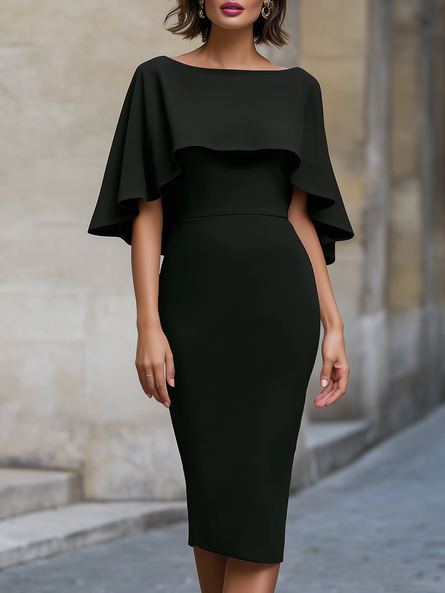 Cape Overlay Flutter Sleeve Mermaid Knee-Length Evening Dress