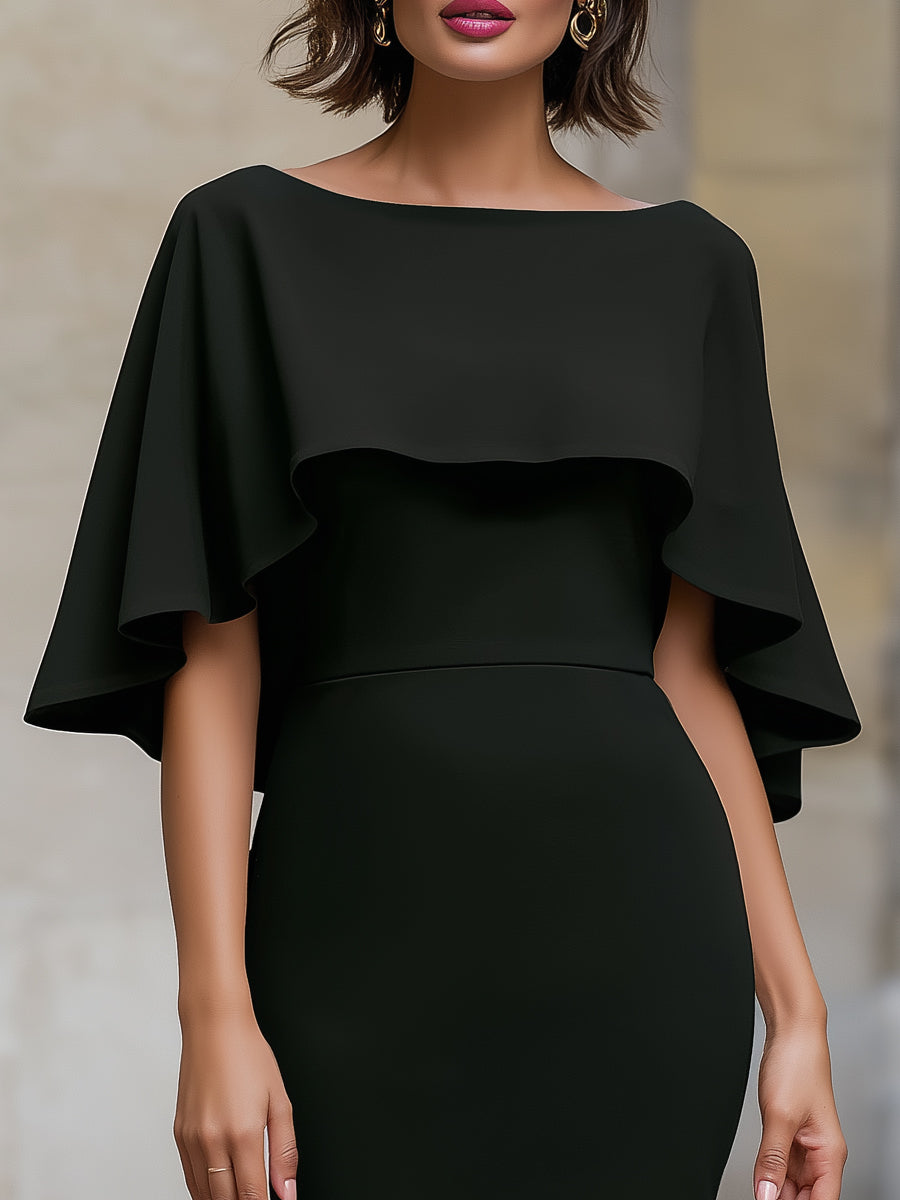 Cape Overlay Flutter Sleeve Mermaid Knee-Length Evening Dress