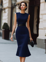 Dark Navy Sleeveless Mermaid Tea-Length Evening Dress