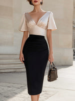 Elegant Contrast Color Deep V-Neck Flutter Sleeve Ruched Bodycon Evening Dress