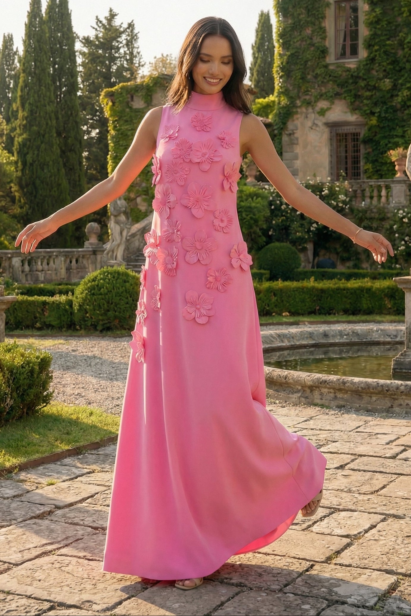 High-Neck A-Line Formal Dresses with 3D Flowers