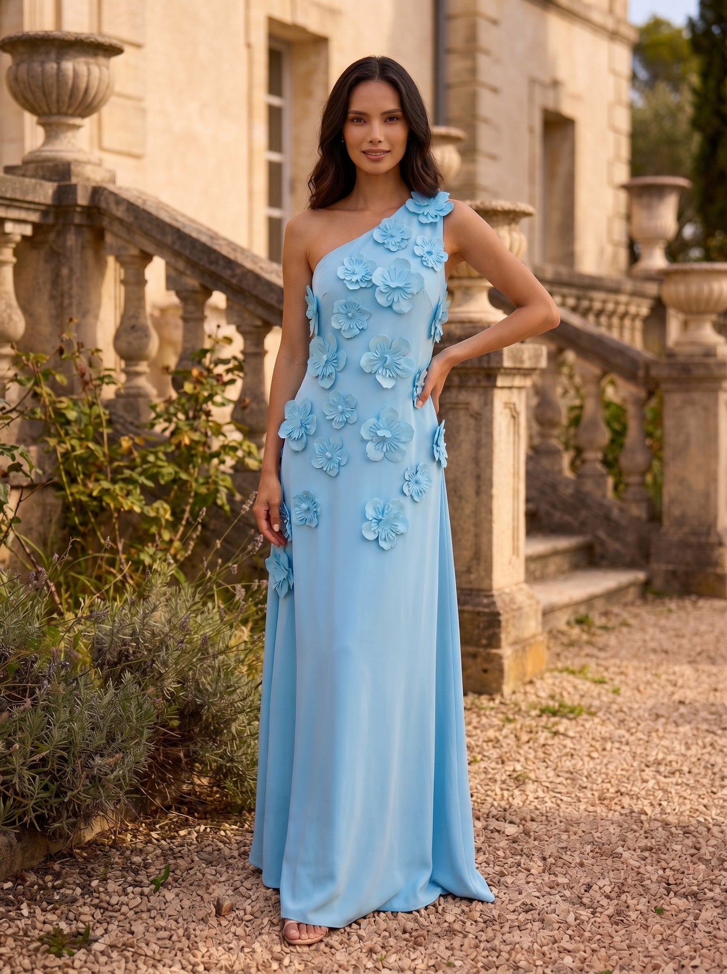 A-Line One Shoulder Sleeveless 3D Flowers Formal Dresses