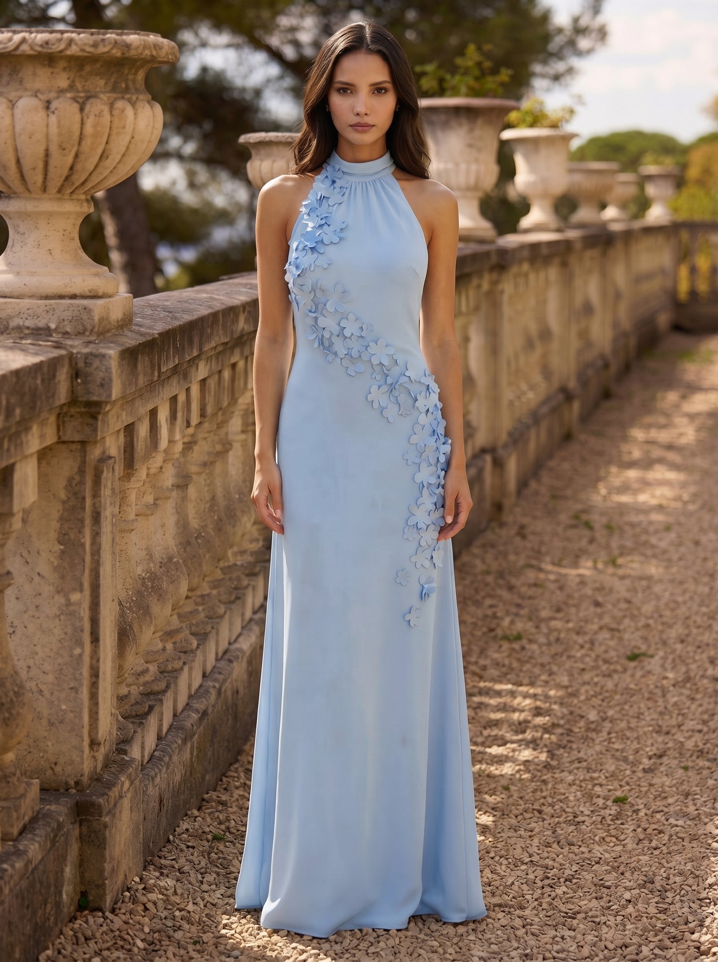 Blue Halter Sleeveless 3D Flowers Mermaid Formal Dresses