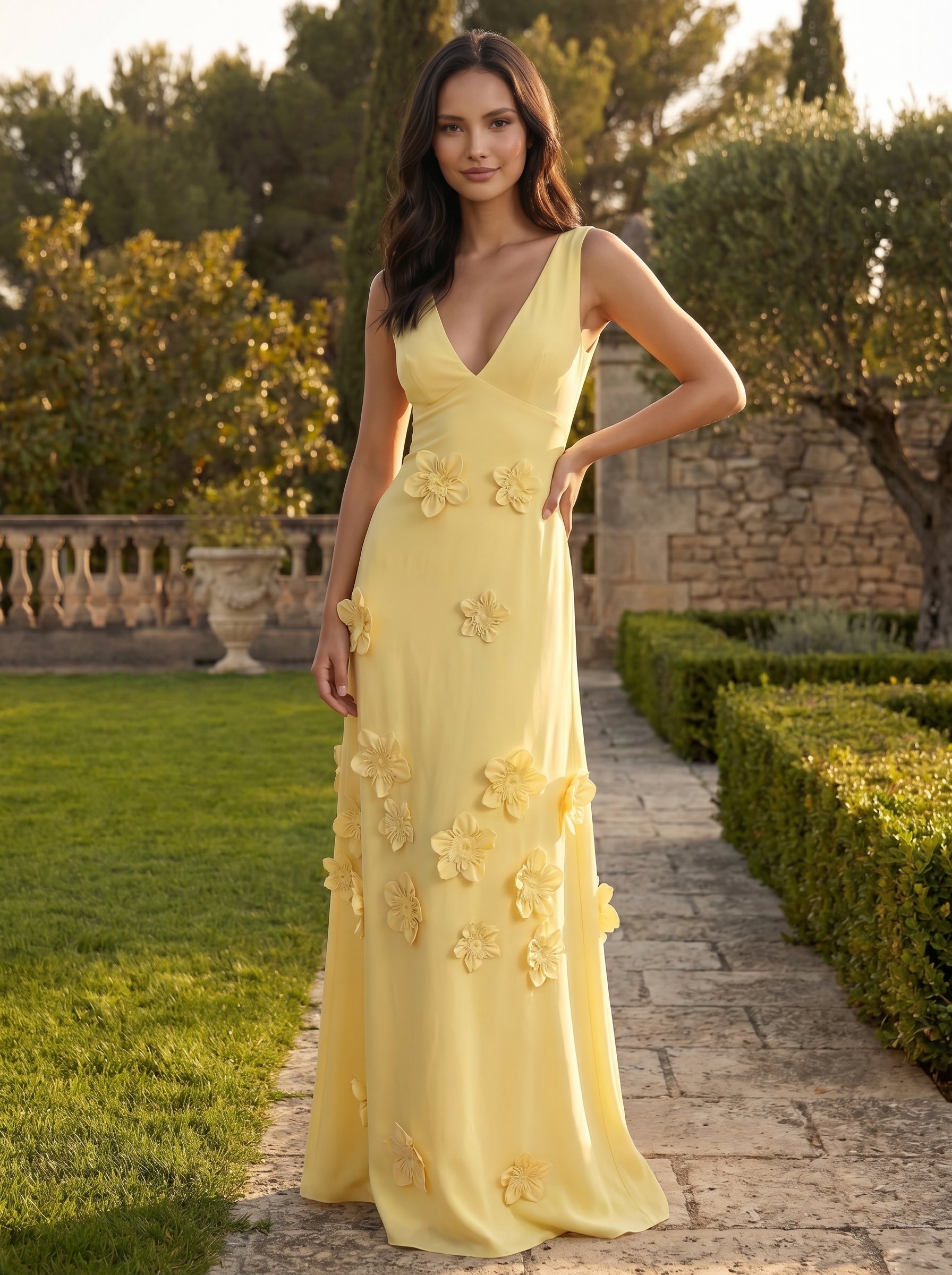 A-Line V-Neck Sleeveless 3D Flowers Backless Formal Dresses