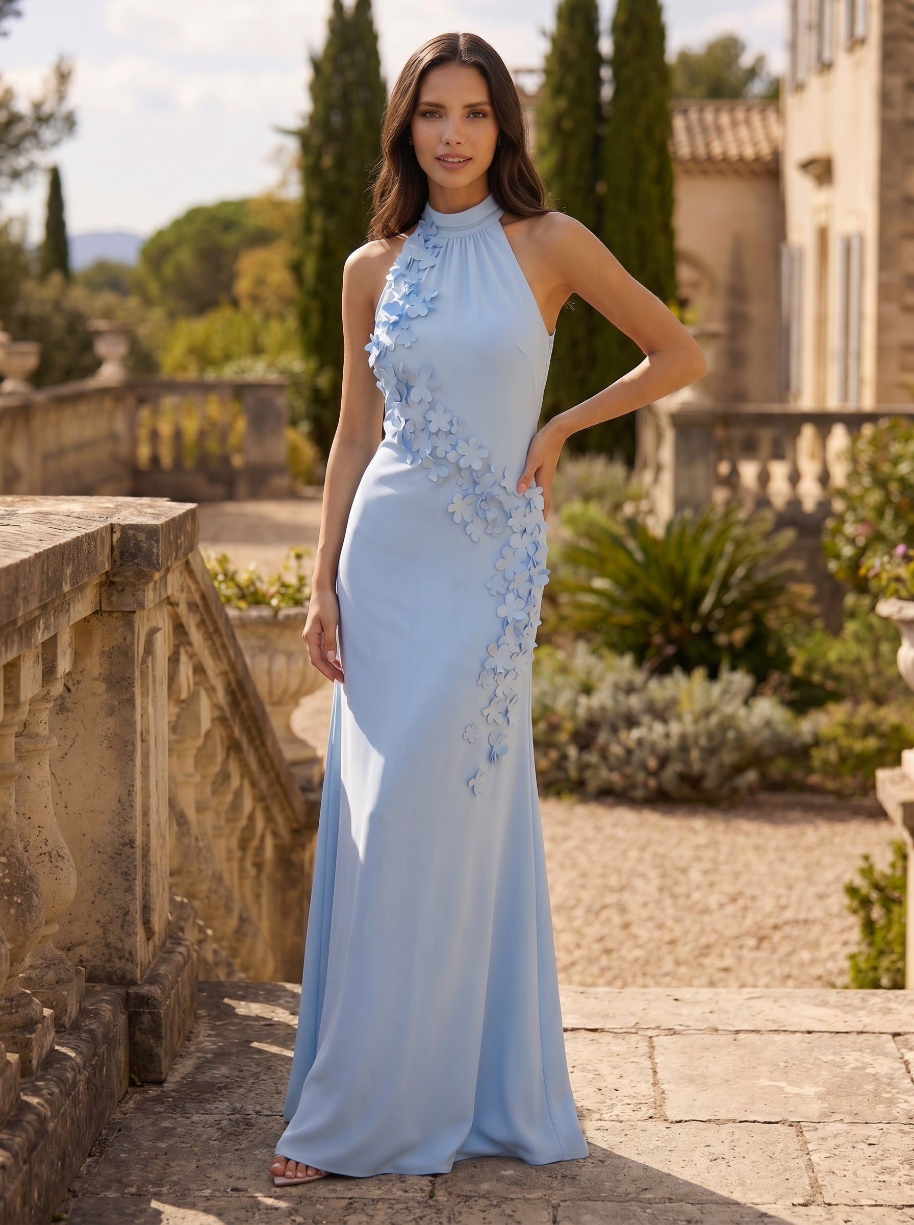 Blue Halter Sleeveless 3D Flowers Mermaid Formal Dresses