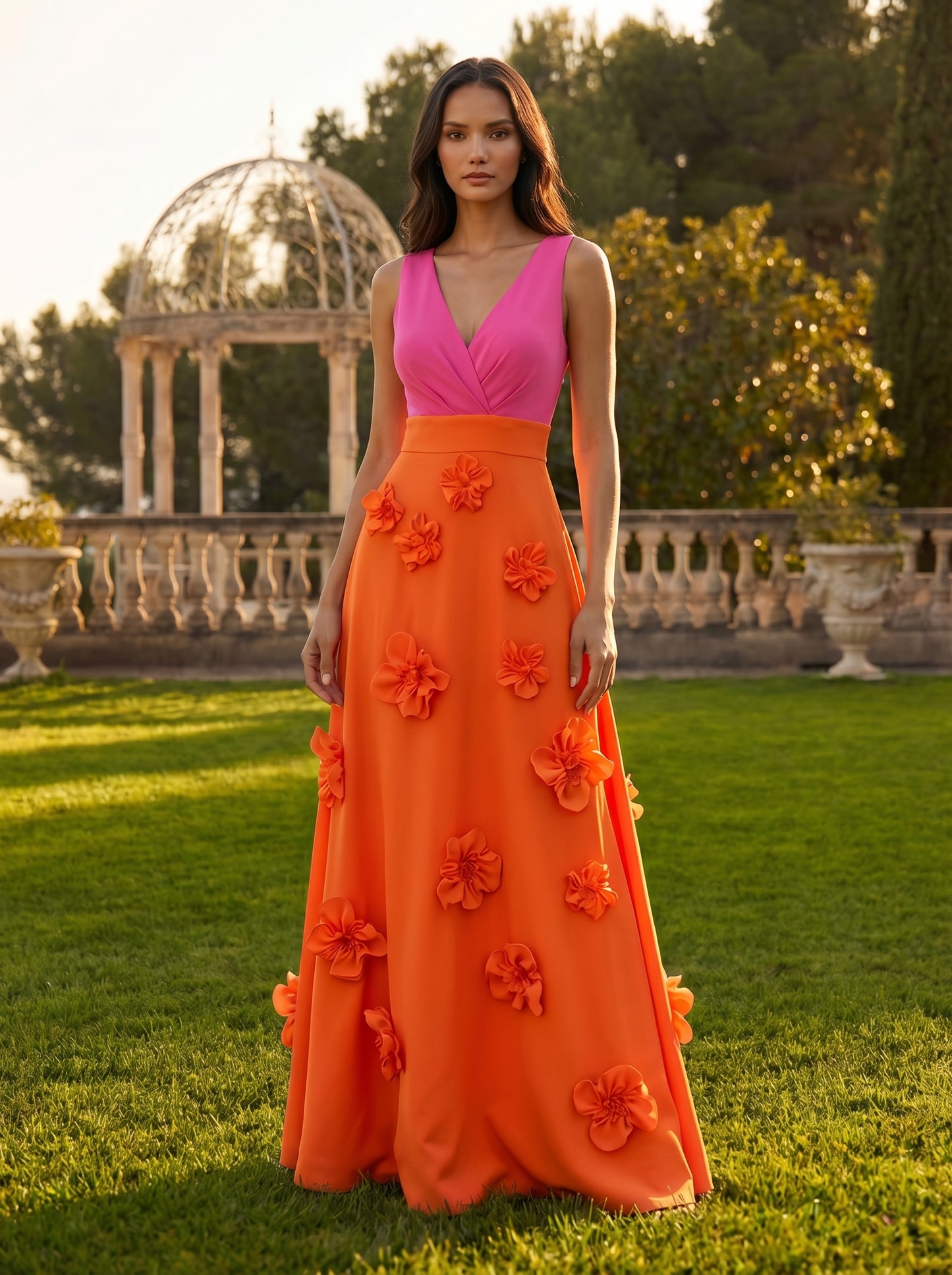 A-Line V Neck Sleeveless 3D Flowers Formal Dresses