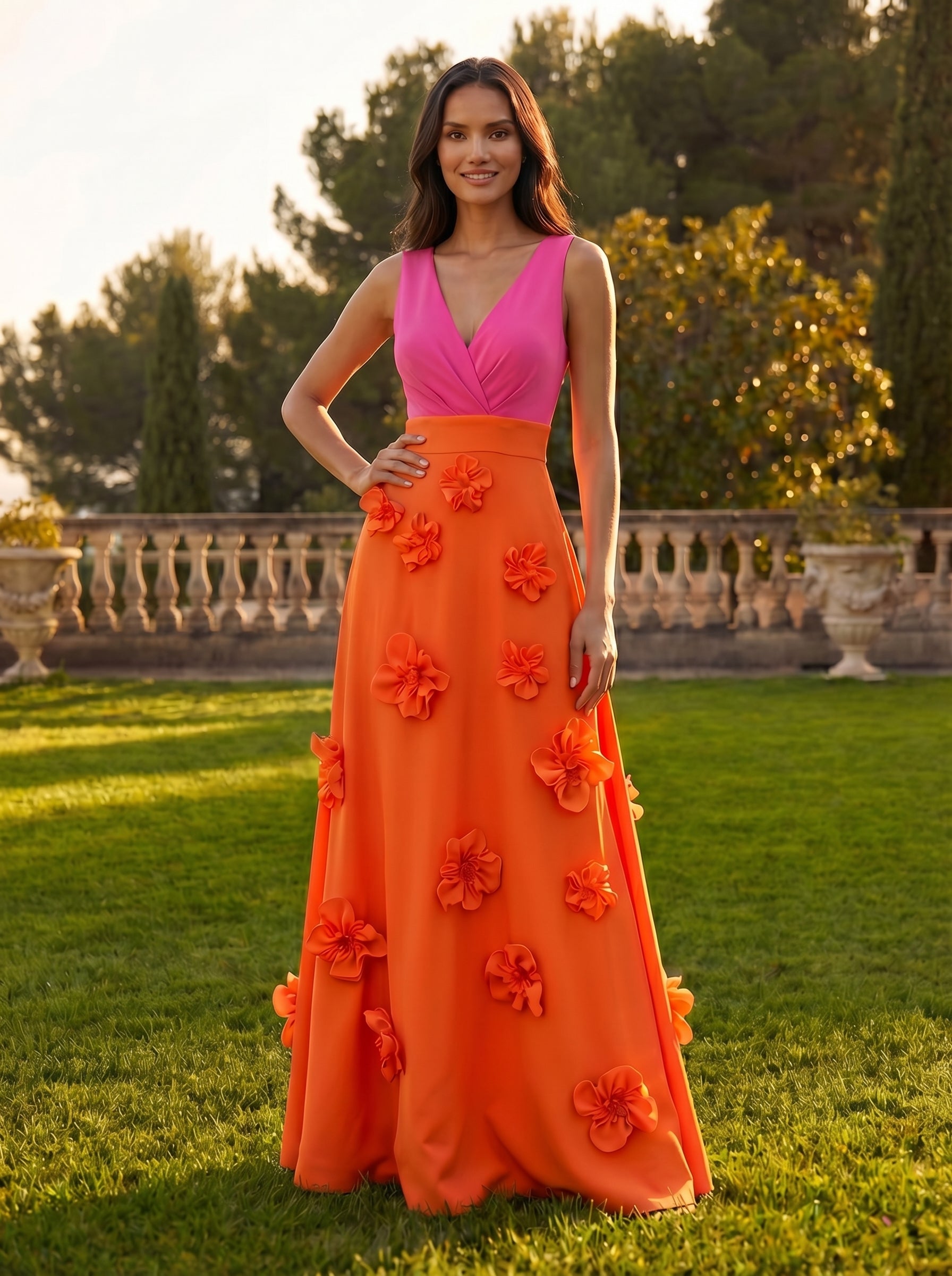 A-Line V Neck Sleeveless 3D Flowers Formal Dresses