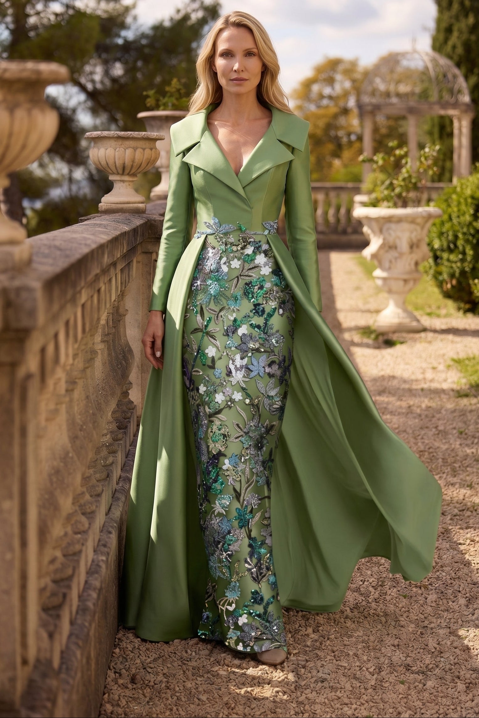 Sheath Floor-Length Evening Gown V Neck Watteau Train Half Sleeve Beading Mother of the Bride