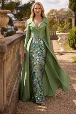 Sheath Floor-Length Evening Gown V Neck Watteau Train Half Sleeve Beading Mother of the Bride