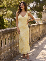 V Neck Floral Yellow Mermaid Backless Embroidery Formal Dresses