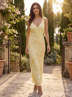 V Neck Floral Yellow Mermaid Backless Embroidery Formal Dresses