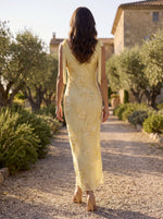 V Neck Floral Yellow Mermaid Backless Embroidery Formal Dresses