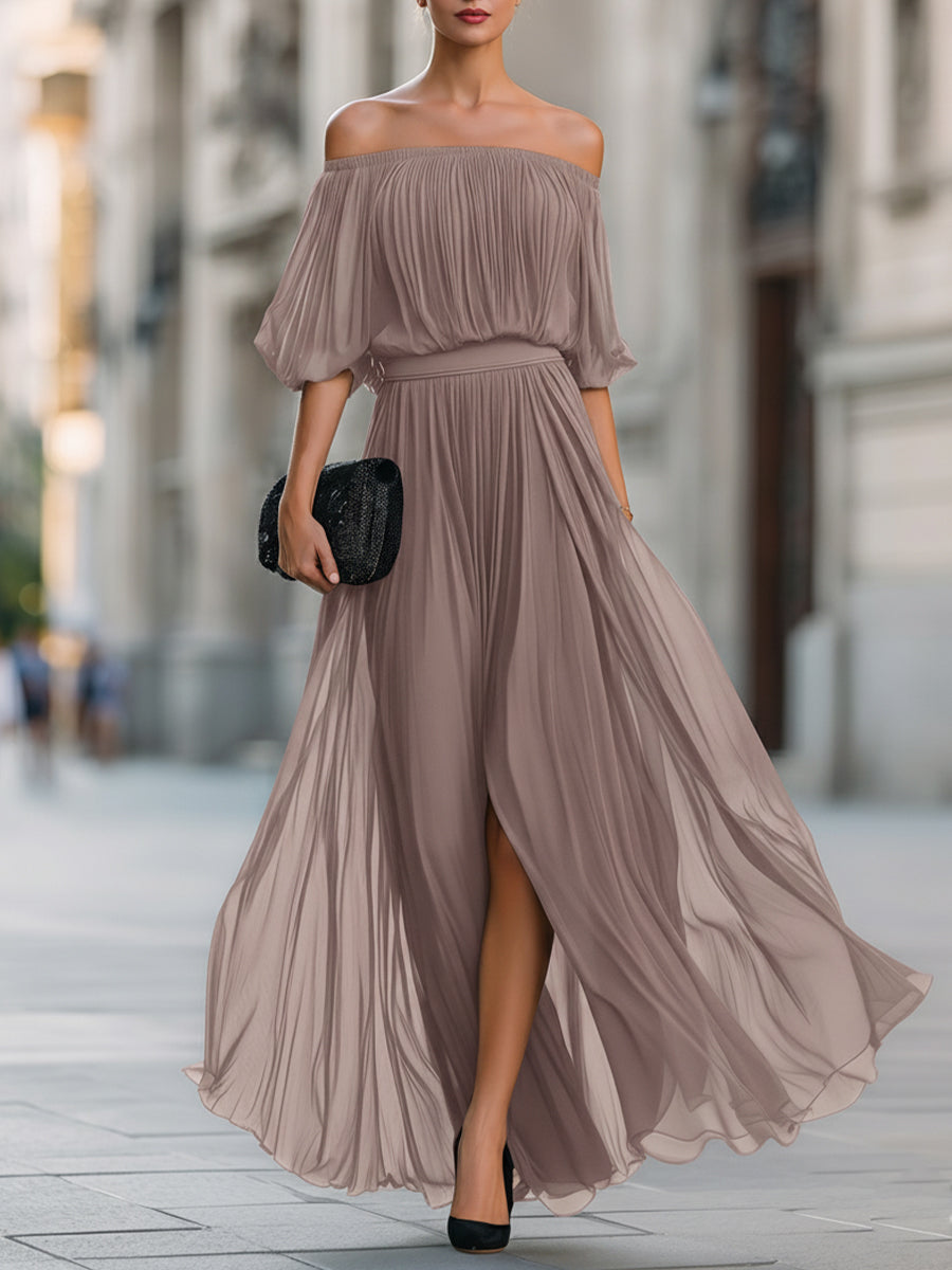 Off-Shoulder Pleated Chiffon Wedding guest Dress