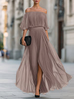 Off-Shoulder Pleated Chiffon Wedding guest Dress