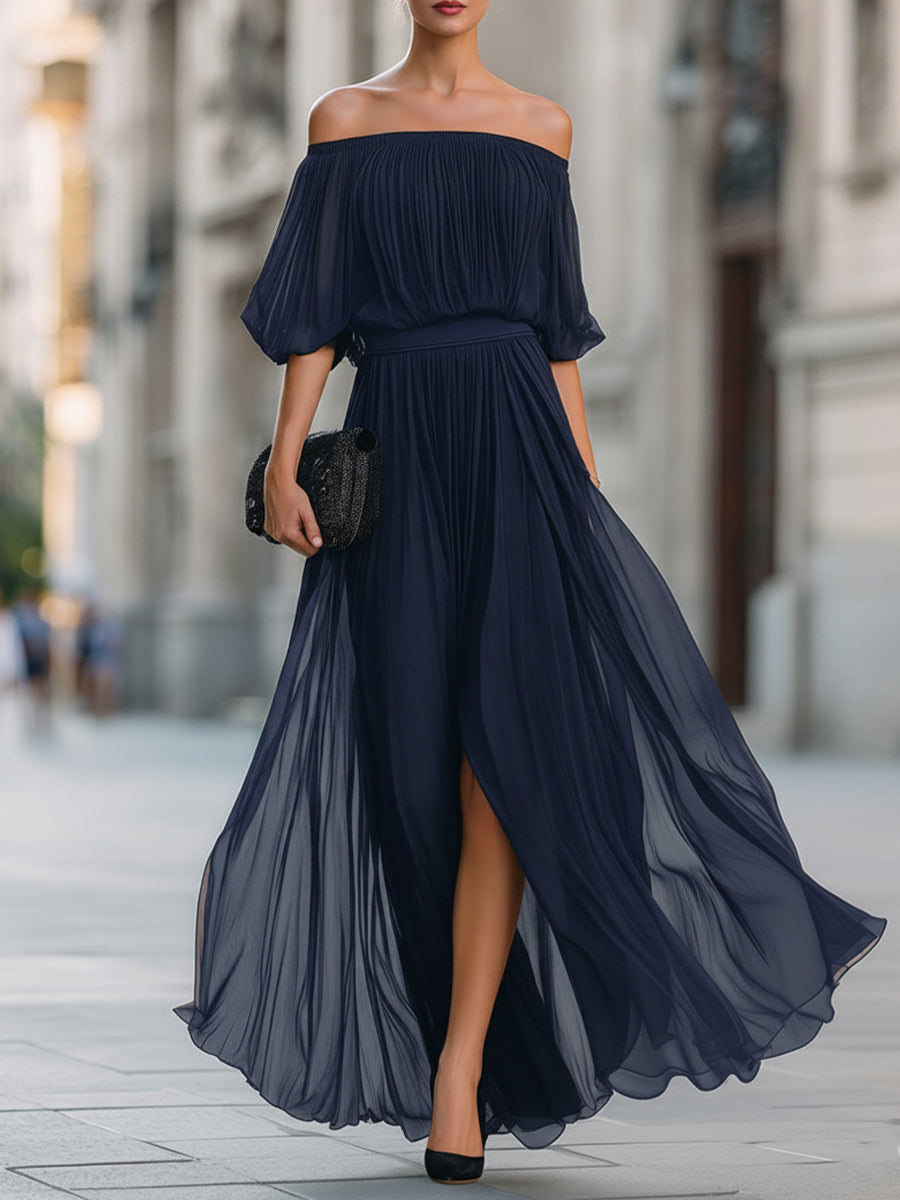 Off-Shoulder Pleated Chiffon Wedding guest Dress
