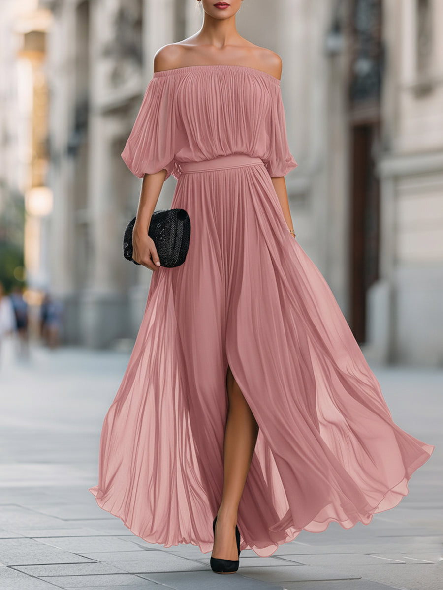 Off-Shoulder Pleated Chiffon Wedding guest Dress