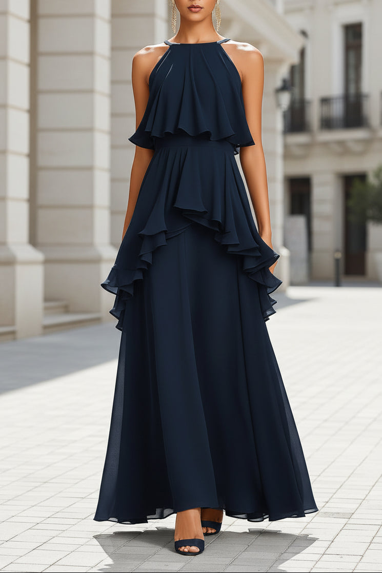 Halter Neck Asymmetric Layered Ruffle Maxi Dress
