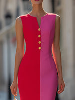 Red & Pink Color Block Notched Neck Bodycon Midi Dress