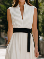 Pleated V-Neck Sleeveless Waist-Tie Flowing Maxi Dress