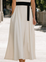 Pleated V-Neck Sleeveless Waist-Tie Flowing Maxi Dress