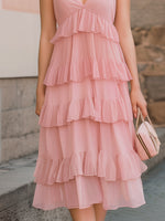 Deep V-Neck Tiered Ruffle Chiffon Midi Dress