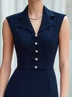Notched Collar Bow-Button Sleeveless Tailored Pencil Midi Dress