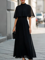 Sheer Cape Sleeve High-Neck Midi Dress