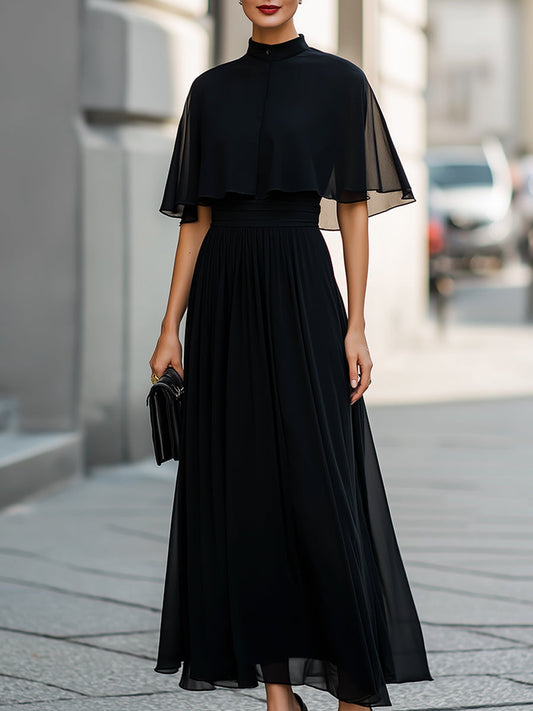 Sheer Cape Sleeve High-Neck Midi Dress
