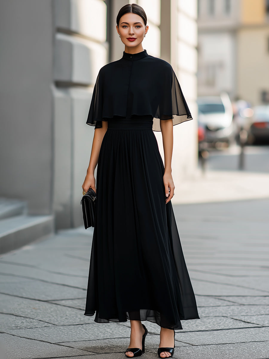 Sheer Cape Sleeve High-Neck Midi Dress