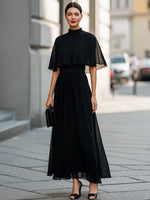 Sheer Cape Sleeve High-Neck Midi Dress