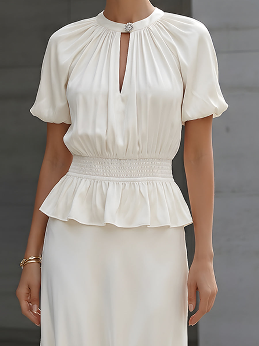 Satin Puff Sleeve Smocked Peplum Midi Dress