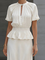 Satin Puff Sleeve Smocked Peplum Midi Dress