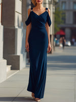 Draped Cold-Shoulder Embellished Strap Elegant Maxi Dress