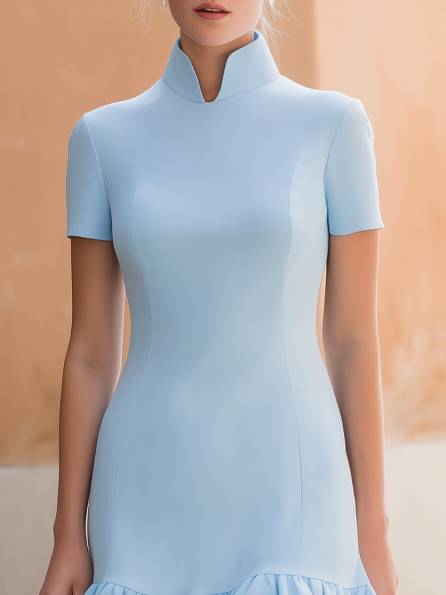 Stand-Up Collar Short-Sleeve Ruffle Hem Bodycon Mini Dress