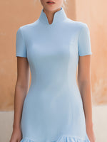 Stand-Up Collar Short-Sleeve Ruffle Hem Bodycon Mini Dress