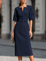 Structured Notch-Neck Button-Front Belted Midi Dress