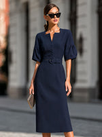 Structured Notch-Neck Button-Front Belted Midi Dress
