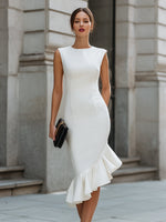 Asymmetric Ruffle Hem Structured Midi Dress
