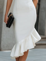Asymmetric Ruffle Hem Structured Midi Dress