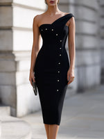 Asymmetric One-Shoulder Studded Bodycon Midi Dress