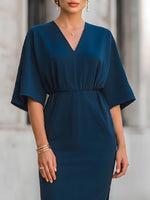 V-Neck Relaxed Sleeve Waist-Defined Midi Dress