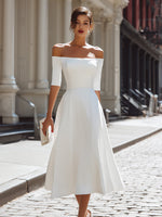 Off-Shoulder Fitted Bodice A-Line Midi Dress
